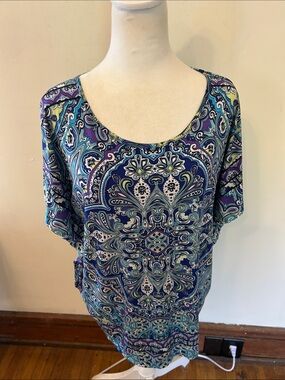 Chicos Women’s Blue Purple Paisley batwing Scoop Neck Blouse Size 2 EUC